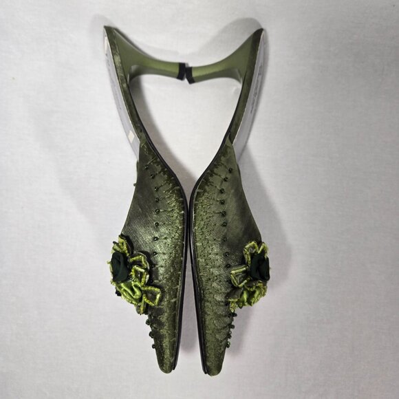 Vintage Y2K Hipster Fairy Hunter Green Floral Beaded Pointed Toe Mules Size 11M. - Picture 9 of 17